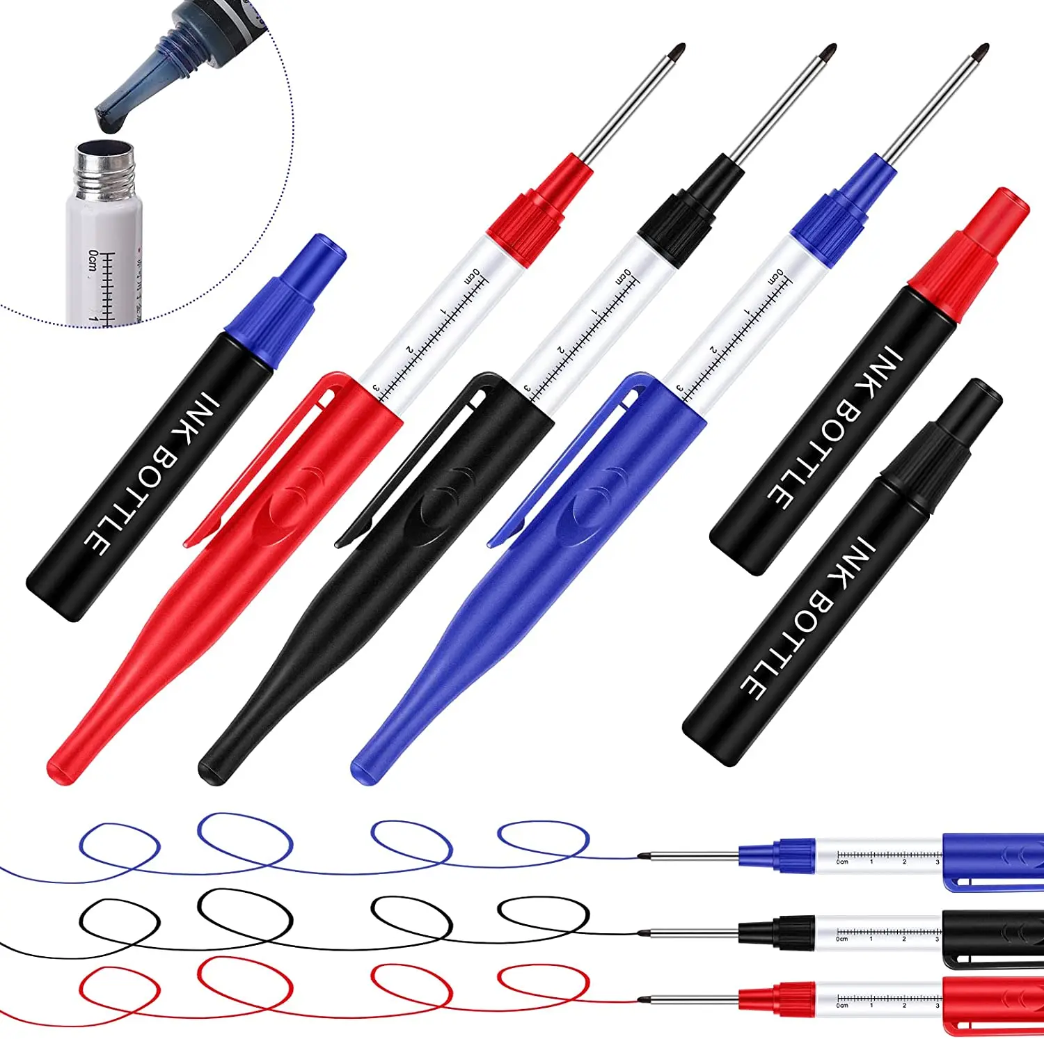 

4Pcs Long Markers for Deep Holes Pen 30 mm Deep Reach Long Nosed Marker 3Colors Changeable Nib Scriber for Woodworking Hardware