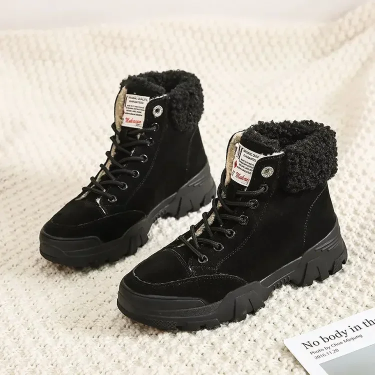 

2023 Women Snow Boots Beige Plush Warm Fur Causal Boots Shoes Sneakers Ankle Booties Platform Thick Sole Lace Up Winter Shoes