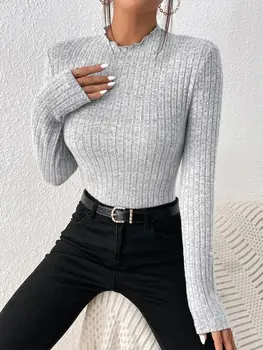 Fashion Slim Ruffle Neck Knit Long Sleeve Top, Lace Mid-Collar Women's Striped Bottom Shirt, Autumn and Winter Casual Sweater 1