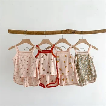 2025 Summer New Baby Sleeveless Tops And Tight Waist Shorts 2 Pieces Suit Girls Square Collar Clothing Set Kids Cotton Clothes 1