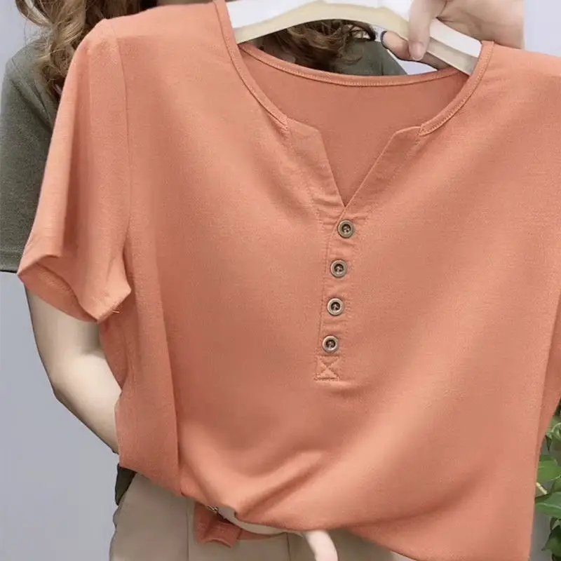 2024 Women's Summer Fashion Simple Solid Color V-neck Button Korean Spring Casual Versatile Short Sleeve Loose T-shirt Top
