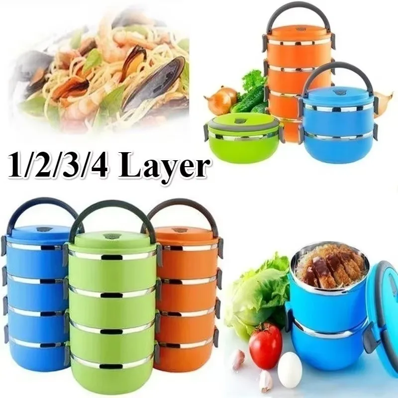 Stainless Steel Multi-layer Insulated Lunch Box Circular Sealed Lunch Box Student Office Workers Portable Handheld Bento Boxs