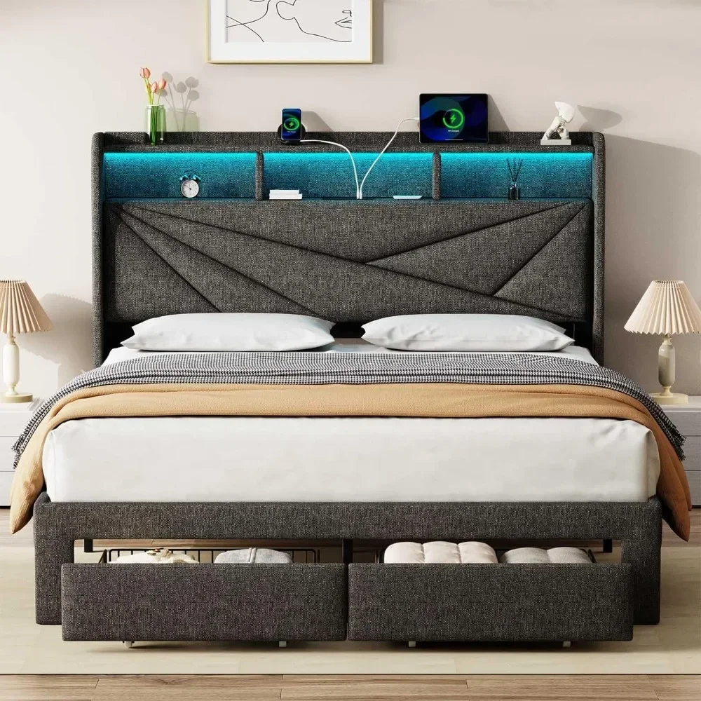 

Bed Frame with 2 Storage Drawers with Headboard and Charging Station, No Need for A Spring Box, Easy To Assemble, Bed Frame