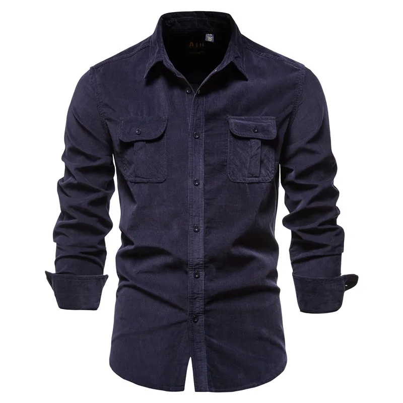 2020 New Men's Business Casual Fashion solid color corduroy shirt short sleeve collared shirt Shirts