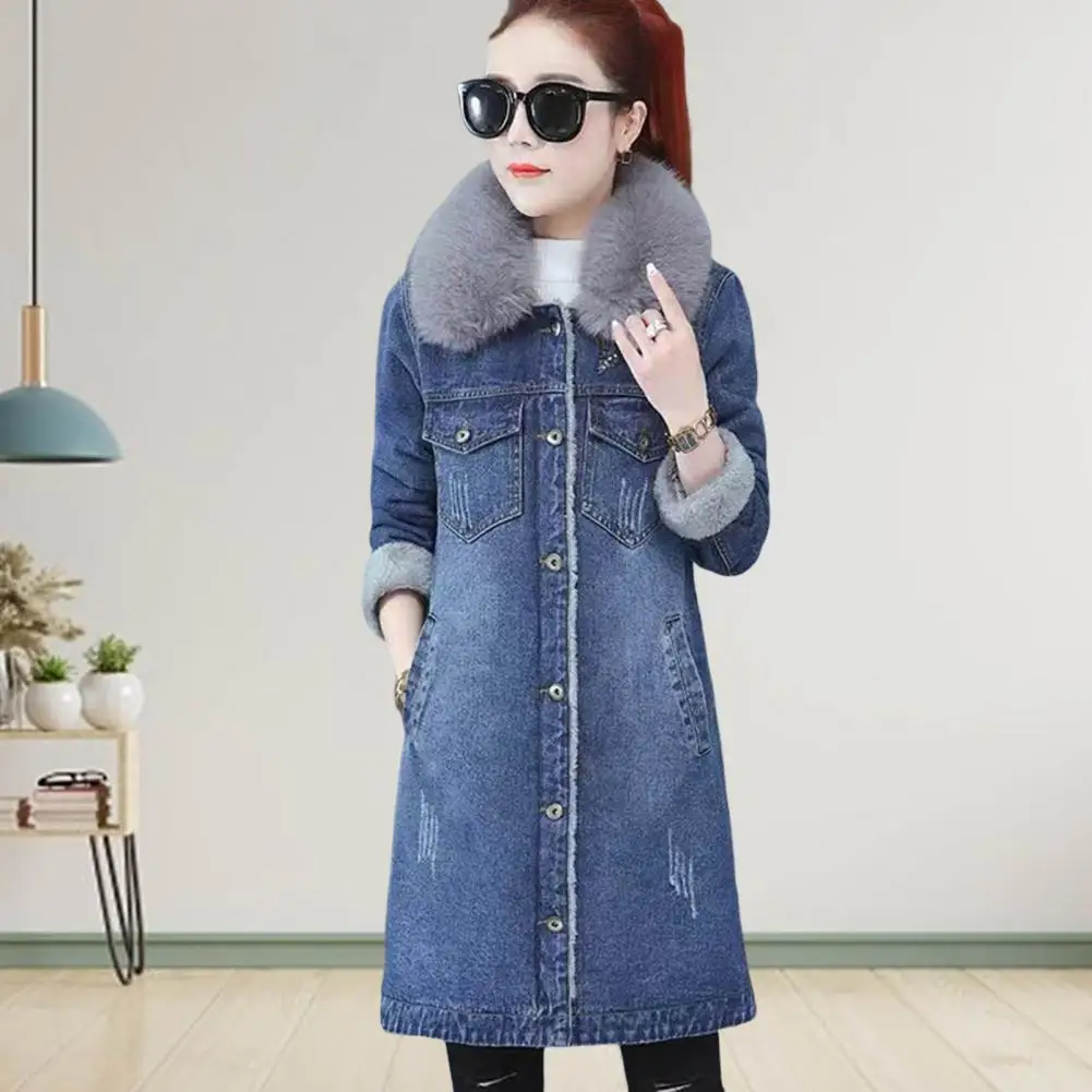 Jachetă din denim de iarnă pentru femei, guler mare cu blană, cu buzunare cu clapetă, cardigan, cald, gros, ocazional, jachete pentru femei_voghion.com