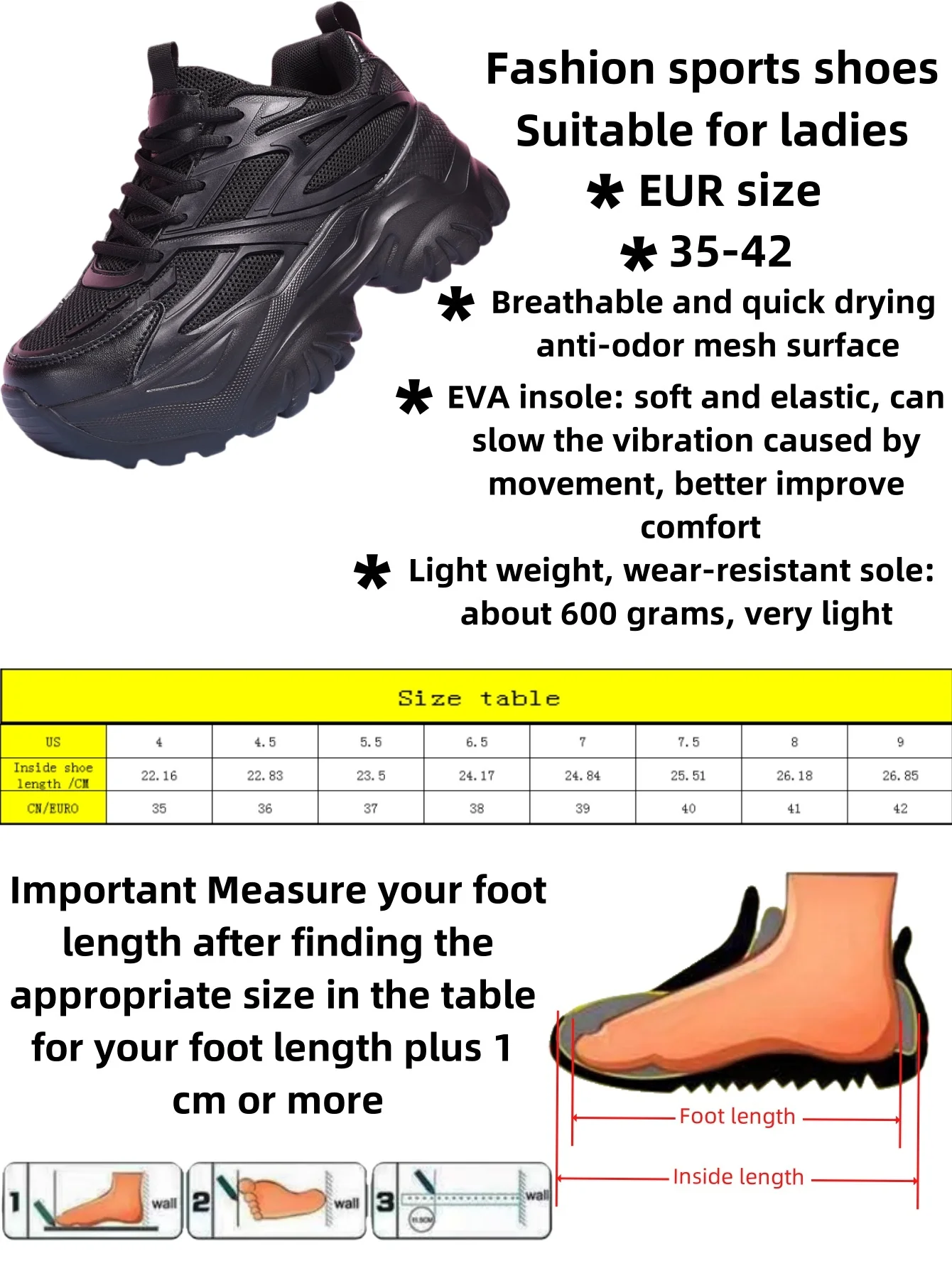 Women's four seasons outdoor sneakers Summer breathable black sandals lightweight platform high heels for women - Image 4