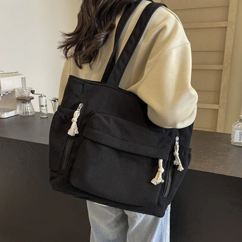 Travel Master Corduroy Shoulder Bag Handbag with Zipper Multiple Pocket Tote Bag For Women Solid Color Daily Commuter Handbag