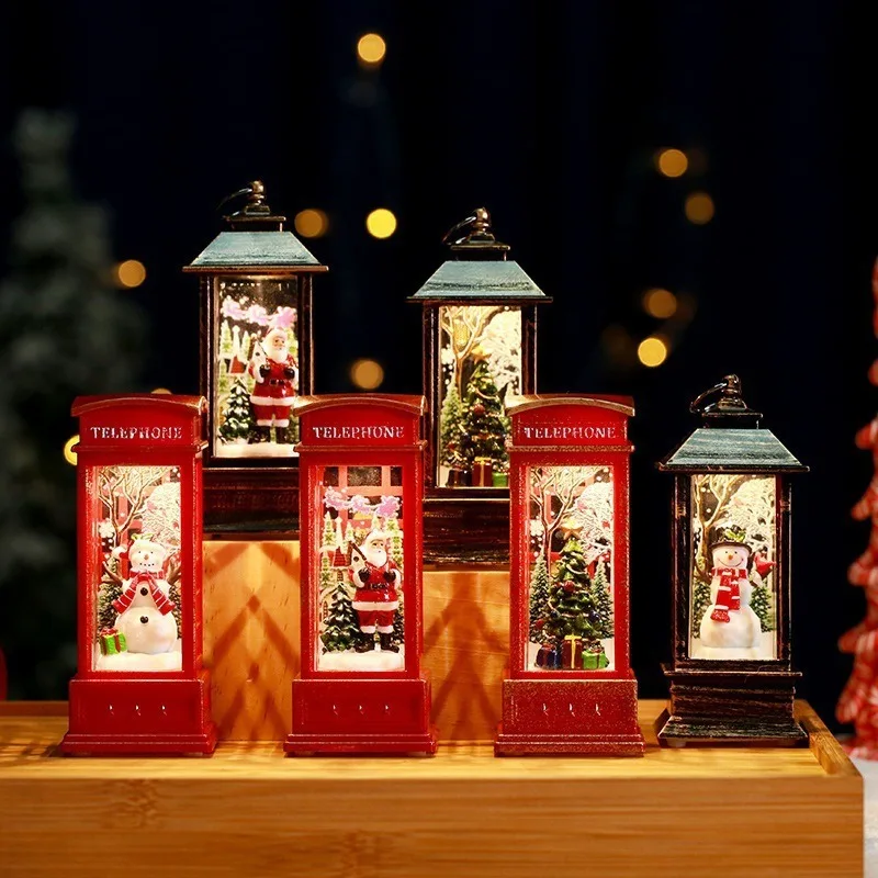 1Pc Christmas lighting telephone booth Christmas decoration Christmas theme snowflake glass lamp Christmas decoration ornaments
