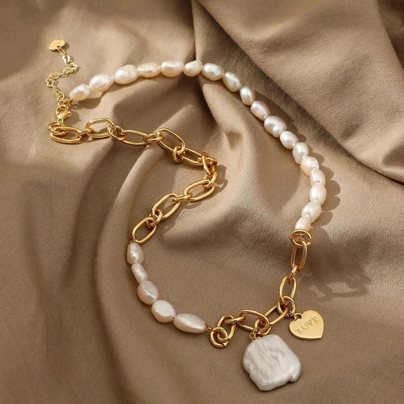 Korean Irregular Baroque Imitation Pearl Necklace for Women Geometric Metal Beads OT Buckle Clavicle Chain Jewelry Party Gifts
