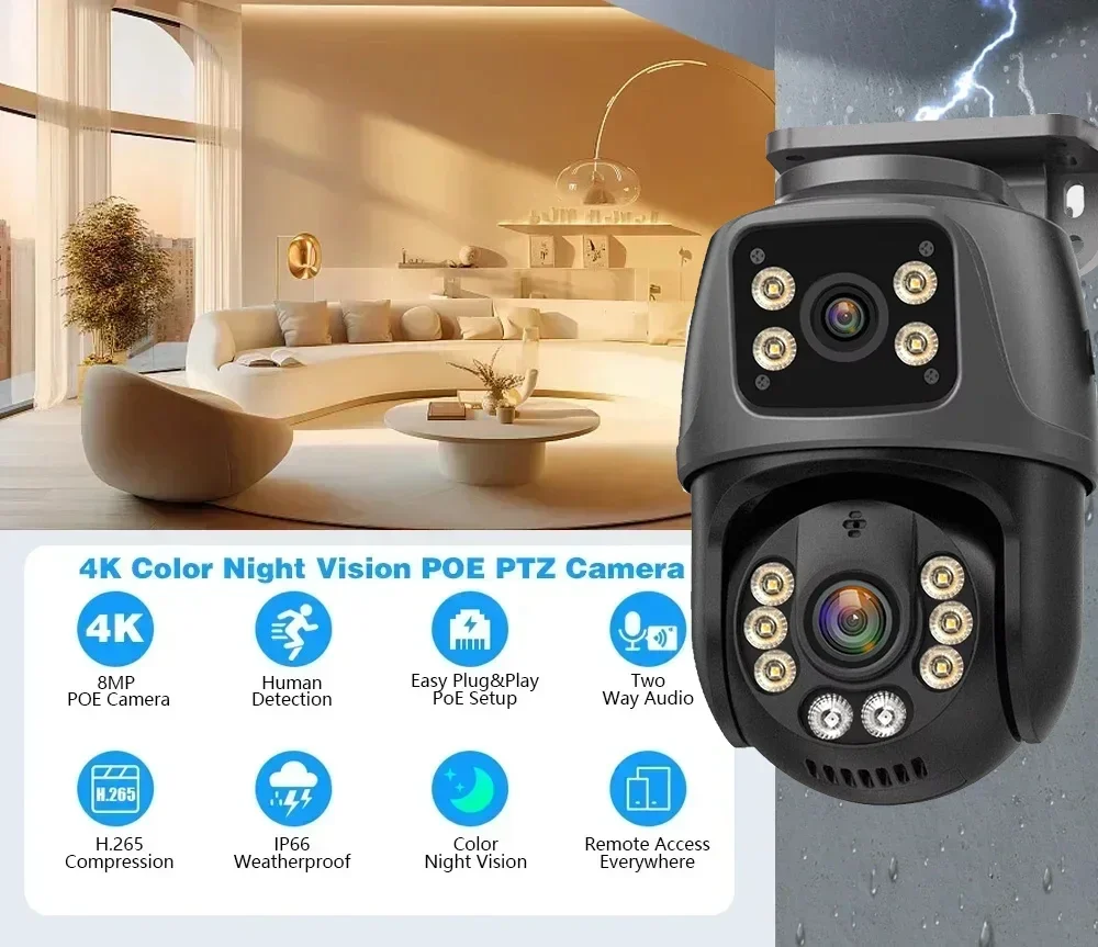 8MP 4K Dual Lens POE IP Camera PTZ Dual Screens Smart Home 360° PTZ Wired Video Surveillance Camera Human Detection CCTV ICsee