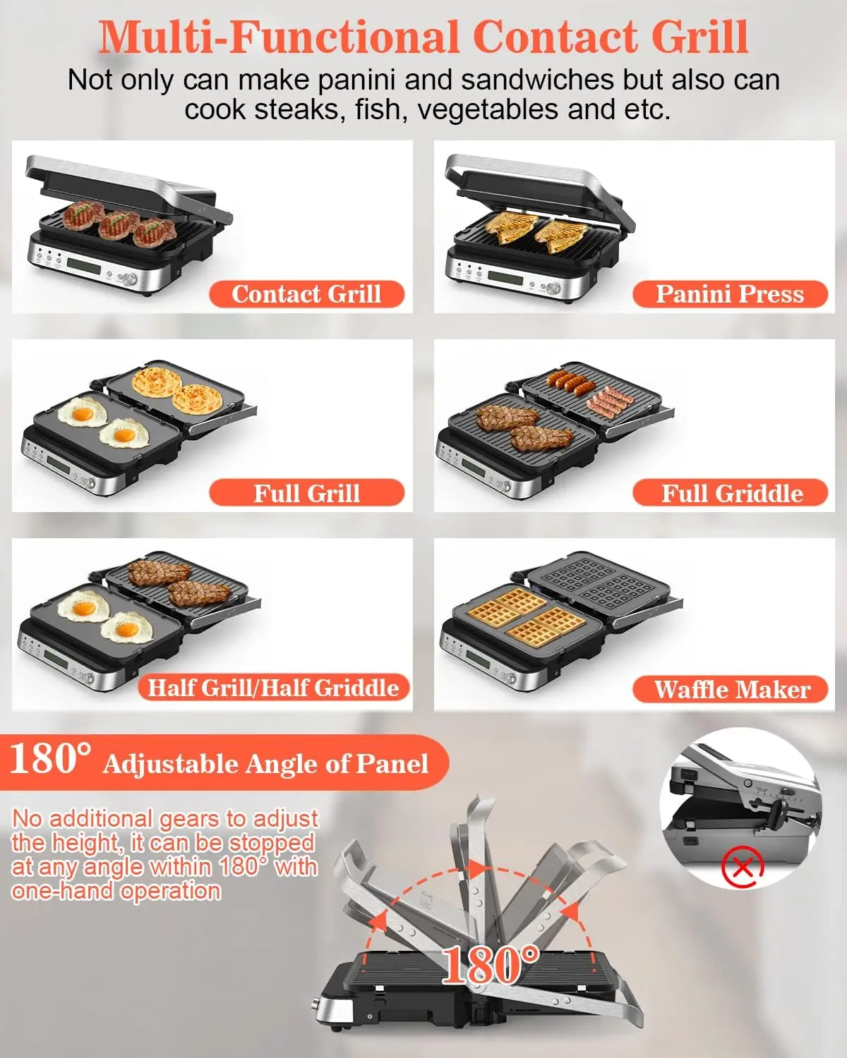 Press Grill Sandwich Maker with Removable Plates, 6 in 1 Indoor Grill & Griddle with Meat Thermometer 5