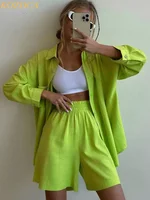Summer Two Piece Set Women Shorts Suit Green Lapel Long Sleeve Shirts Sets Female Elegant Casual High Waist Pants Lady Outfits - Image 3