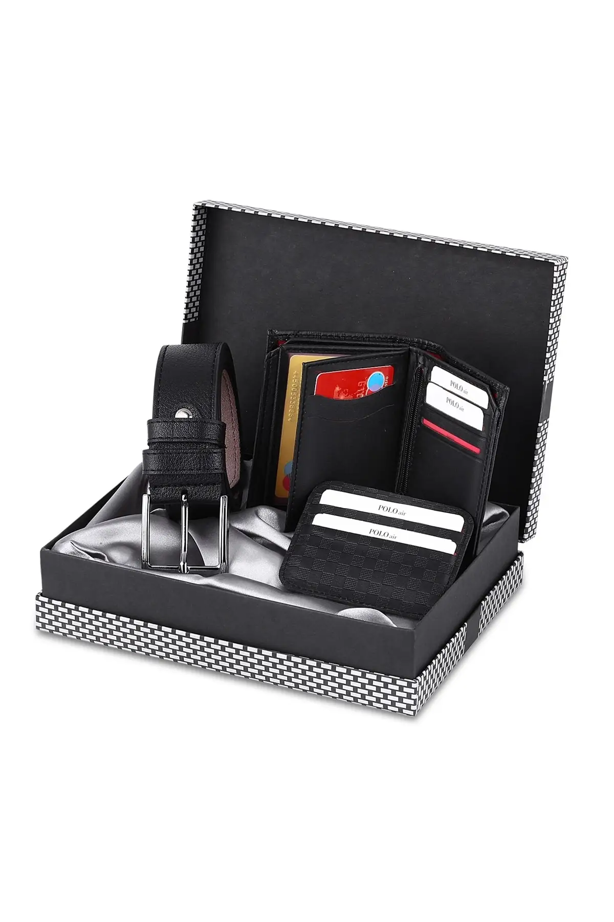 Men's Black Checker Patterned Boxed Wallet Belt Card Holder Set Gift Products Surprises for Men Multi-Compartment Wallet Card