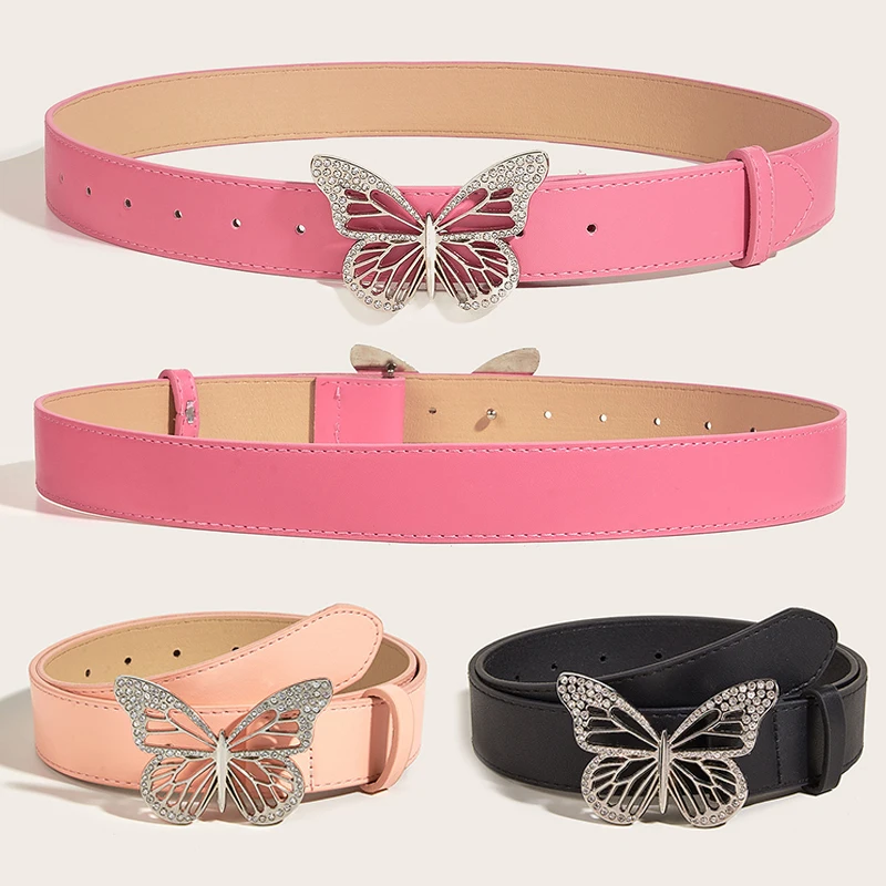 

New Women Belts Diamond Inlaid Metal Butterfly Buckles waist Belts For Girls Jean Pants Waistband Luxury Designer Waist Strap