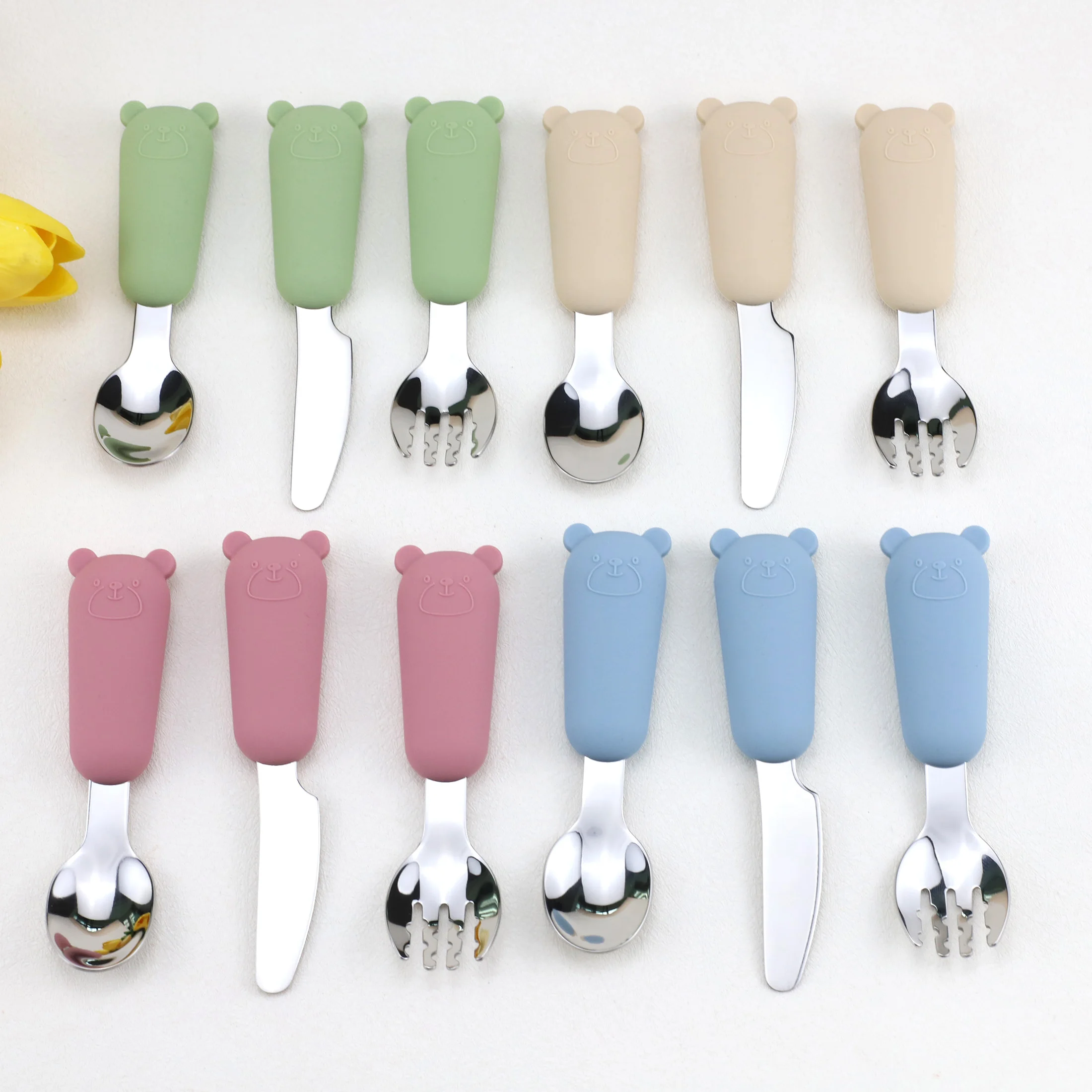 New Cartoon Bear Stainless Steel Spoon Fork Knife 3-Piece Set Silicone Tableware Set