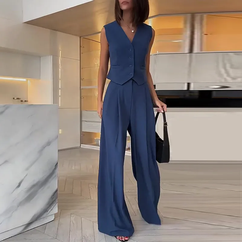 New Autumn Women's Solid  Color V-neck Sleeveless Vest Top Hanging Wide Leg Trousers Commuter Casual Ladies Two-piece Suit