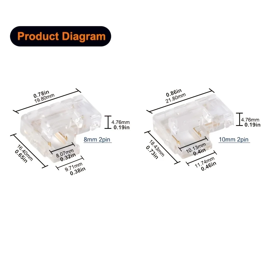 5개 COB LED 커넥터, 8mm 10mm 2핀 FOB RGB CCT 테이프 조명 연결용 90도 L자형 코너 커넥터