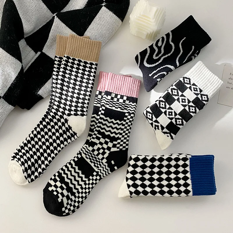 

Women's Checkboard Plaid Stripe Socks Cotton Middle Tube Sleeping Winter Warmer Footwear