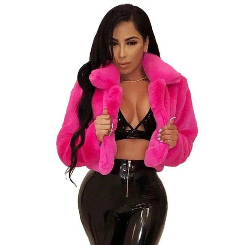 

2023 Autumn Winter New Short Faux Fur Coat Women's Fashion Sexy Turn Down Collar Thick Plush Jackets Ladies Slim Outwear