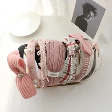 

New Fashionable Sweet Pink Series Hairband Pearl Lace Plaid Hairpin Headwear Bowknot Sponge Hair Decoration For Women Wholesale