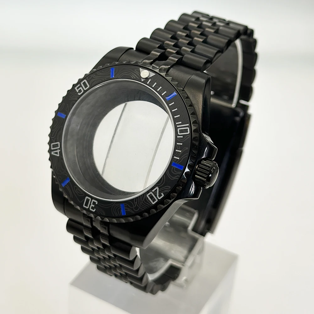 Sleek Black Watch Case with Carbon Fiber Bezel and Sapphire Mirror
