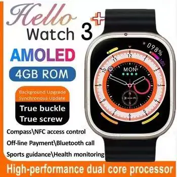 2024 오리지널 헬로 워치 3 플러스 울트라 스마트워치, AMOLED 4GB ROM, NFC 나침반, 블루투스 통화, 음악 스마트 워치, IOS 안드로이드용