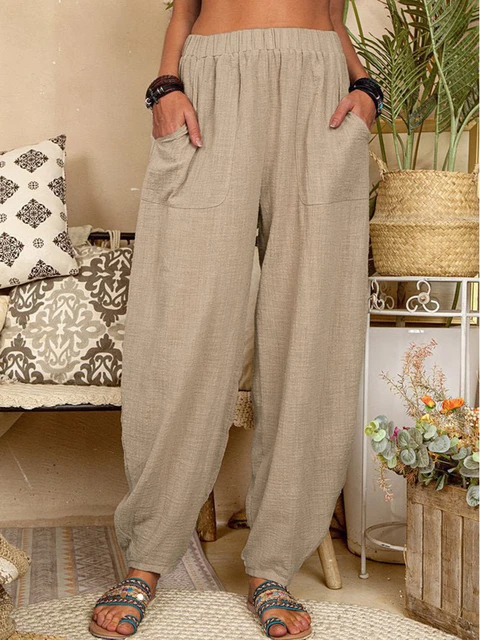 Vintage Boho Wide Leg Trousers for Women Plus Size Cotton Linen Harem Pants  with Patchwork Pockets Elastic Waist Casual Loose Beach Pants :  : Fashion