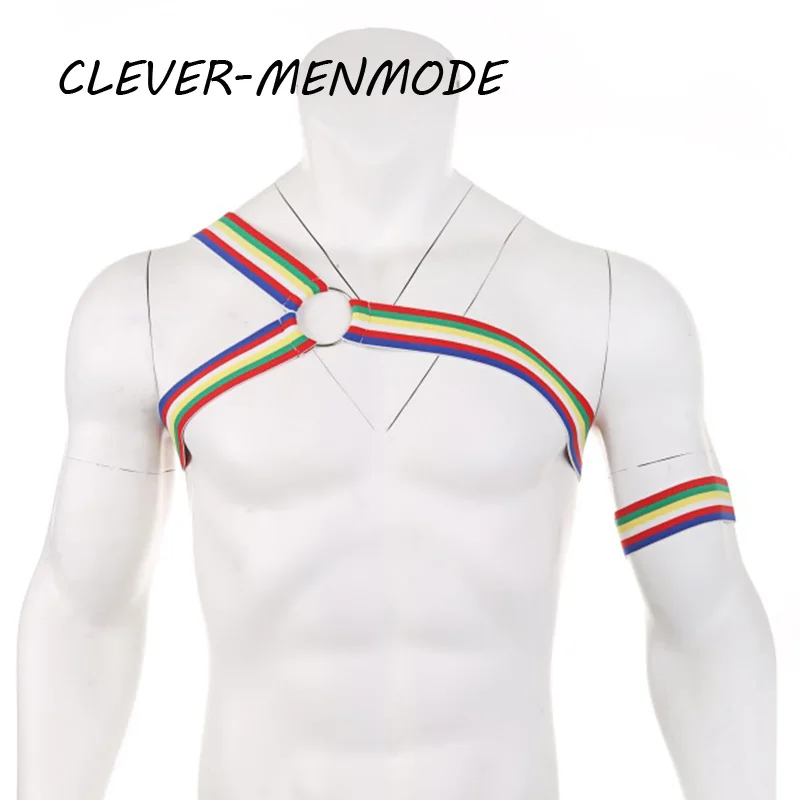 Multi Colors Men Elastic Shoulder Strap Body Chest Harness Lingerie Colorful Bondage Rainbow Performance Clubwear