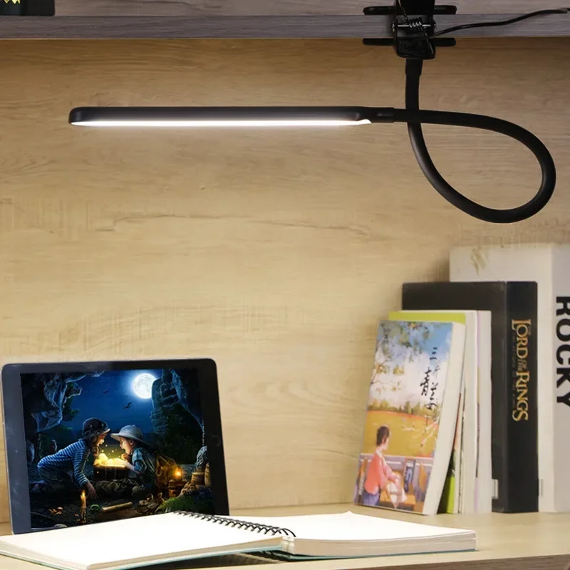 LED Booking Lamp Clamp USB Dimmable 3 Modes 10 Brightness Gooseneck Swing Arm Architect Task Table Lamp Reading Clip on Light