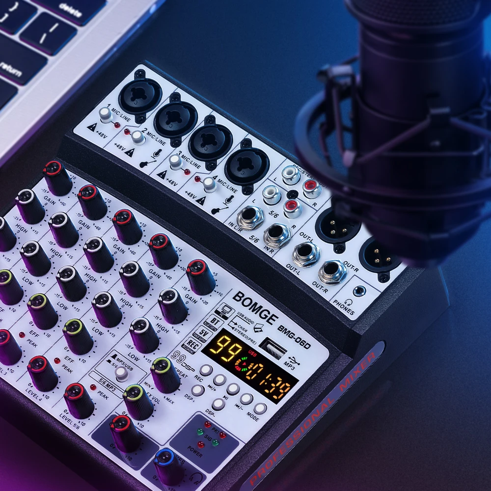 Professional 4 6 channels 99DSP Audio mixer BT Recording Mixing Console USB Interface Sound Card 48V PC MP3 DJ Recording audio mixer