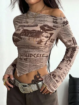 Women's Spring/Summer Retro Street Style Off-Shoulder Asymmetrical Neckline Top with Newspaper Print 1