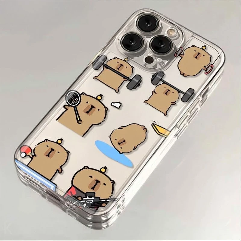Cartoon Athlet Capybara Klar Telefon Fall Für iPhone 16 15 11 12 14 13 Pro Max Mini X XSM XR 7 8 Plus SE4 16e Nette Abdeckungen Fundas
