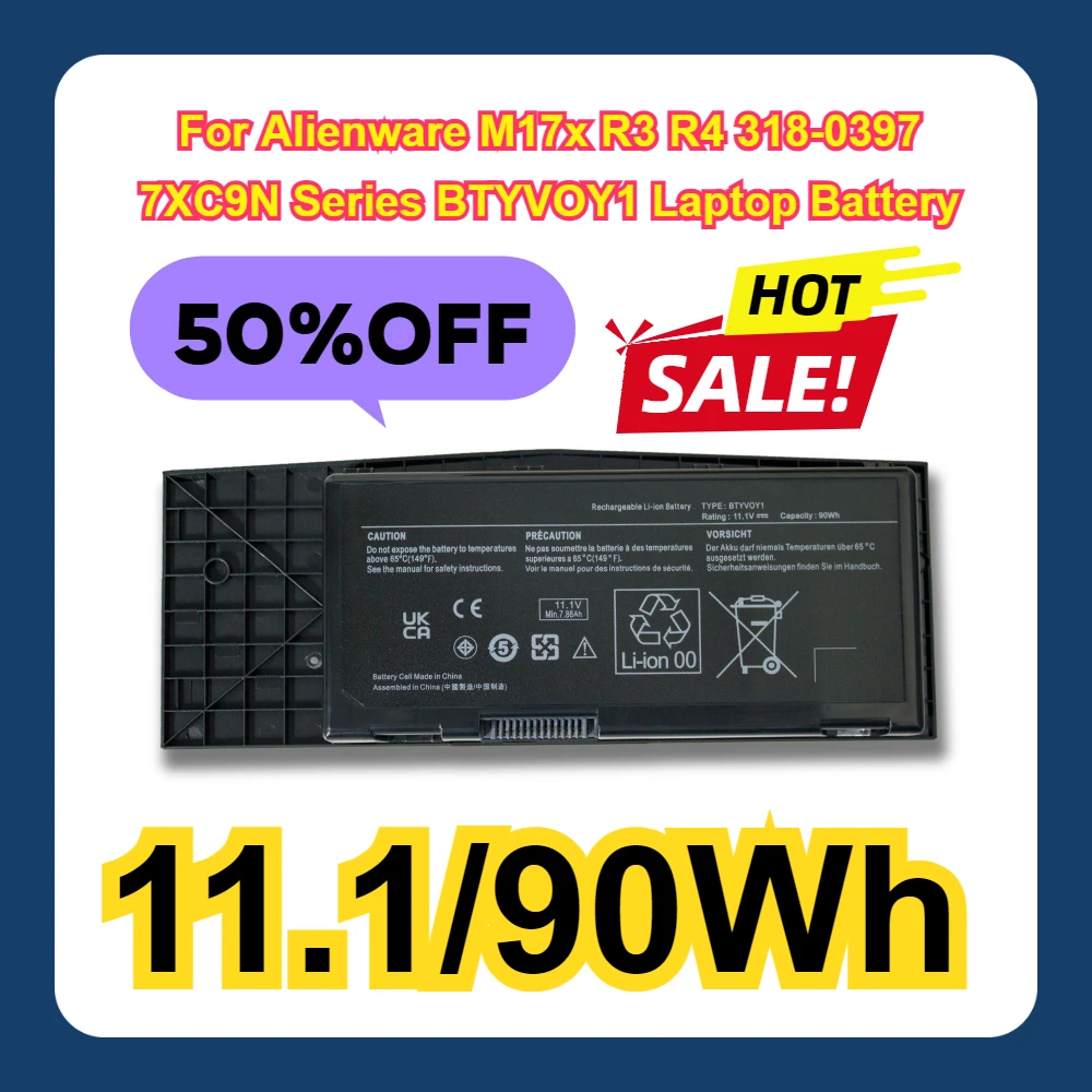 For Alienware M17x R3 R4 318-0397 7XC9N Series 90Wh BTYVOY1 Laptop Battery