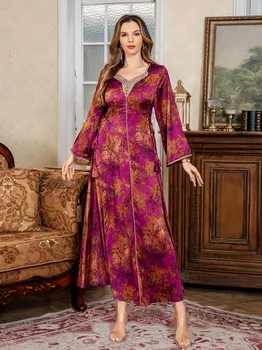 New Muslim Print Robe Women Perfect for Everyday Wear Elegant Fashion Middle Eastern dress Satin Abaya Saudi Dubai Long Dress