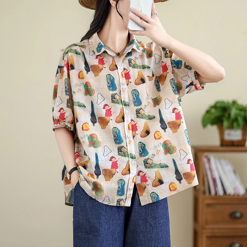 

2024 Summer Blouse Women Peter Pan Collar Japanese Fashion Design Short Sleevese Printing Shirt Thin Light