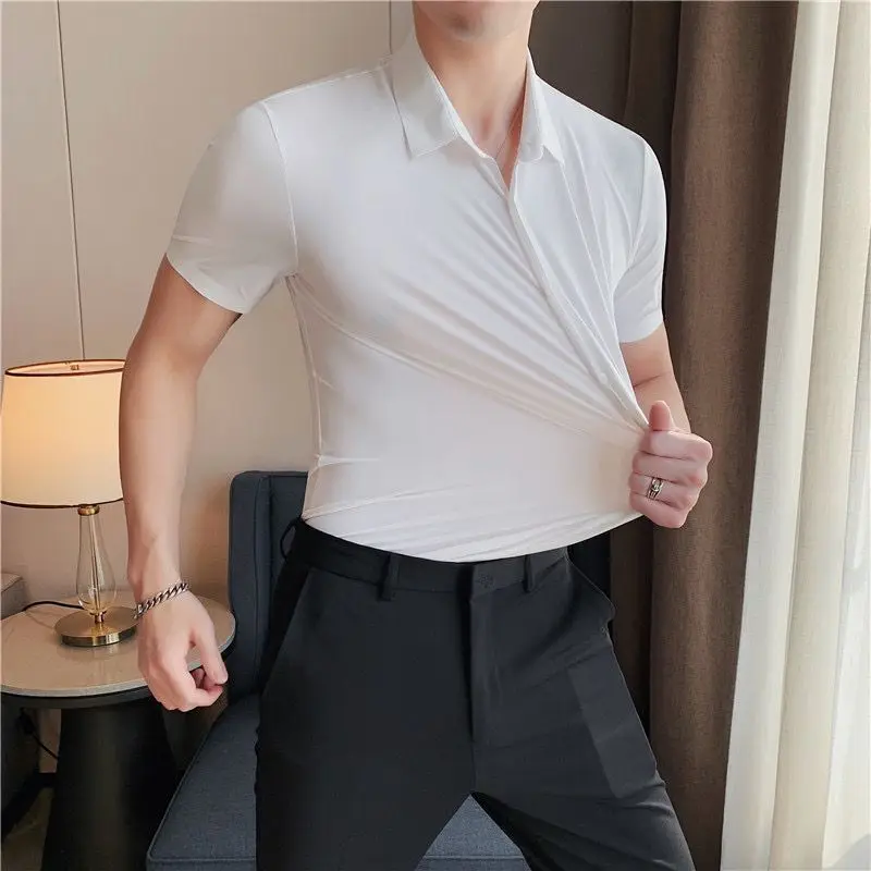 Men's Short shirt sleeve ice silk spring summer seamless high stretch non-ironing anti-wrinkle business casual solid color