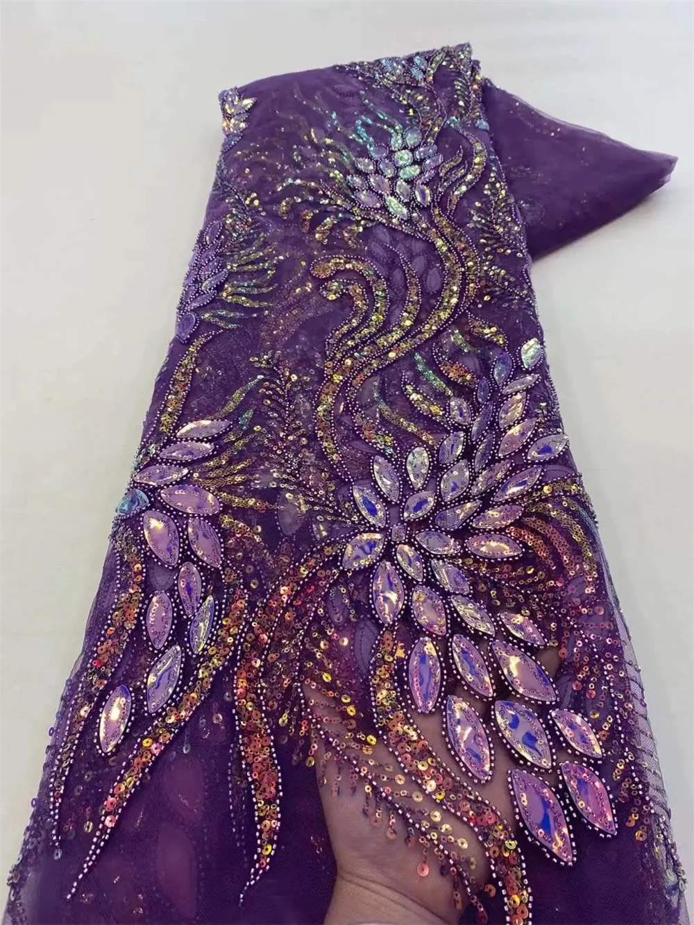 African Sequins Beaded Lace Fabric Nigerian Groom Embroidery French Tulle Lace Fabric For Bridal Wedding WB06