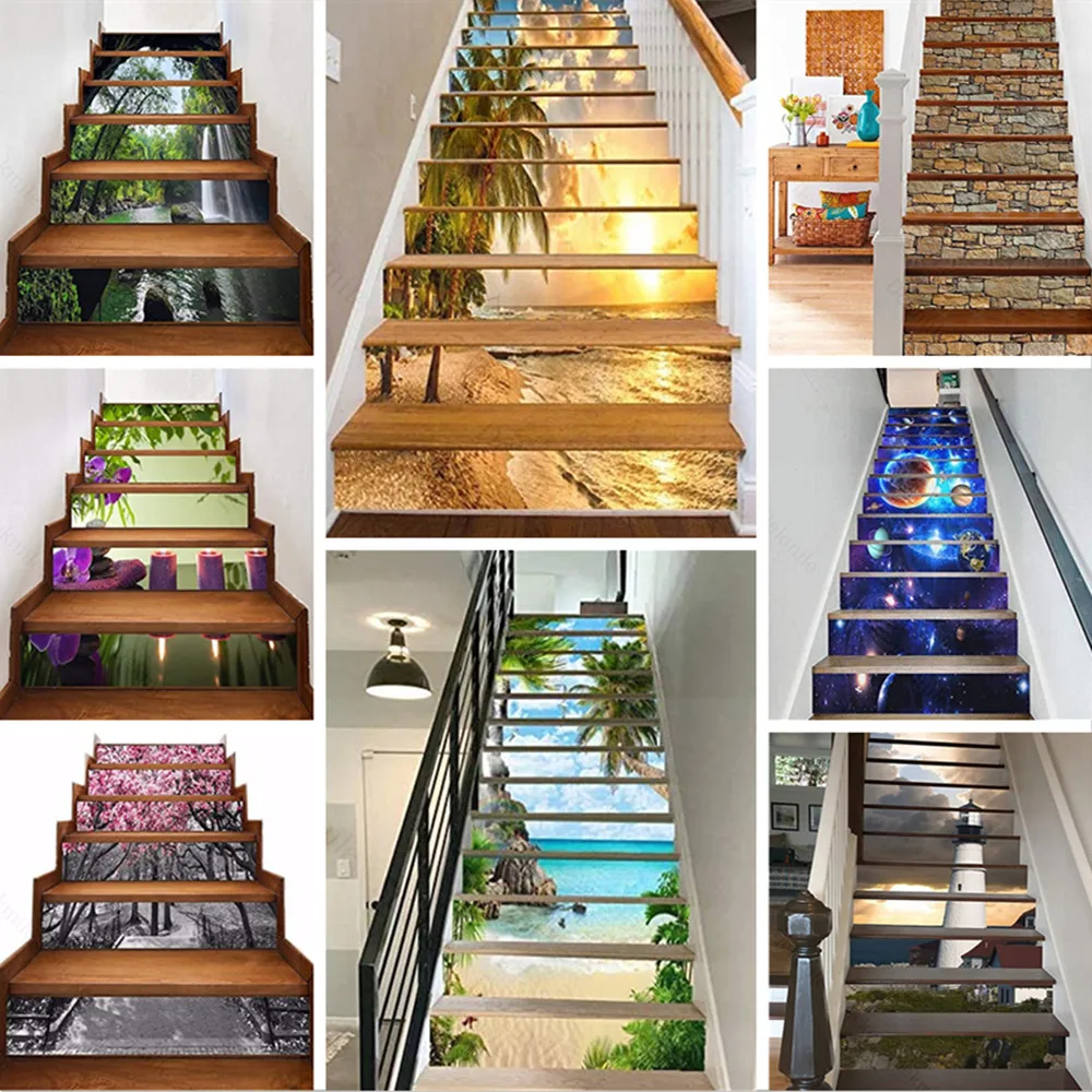 Self-adhesive Stair Sticker Landscape Planet Bookcase Vinyl Removable 3D Staircase Decor Bamboo Decals PVC Home Decor 6/13pcs sticker decoration 3d sticker paper vinyl stair nosing