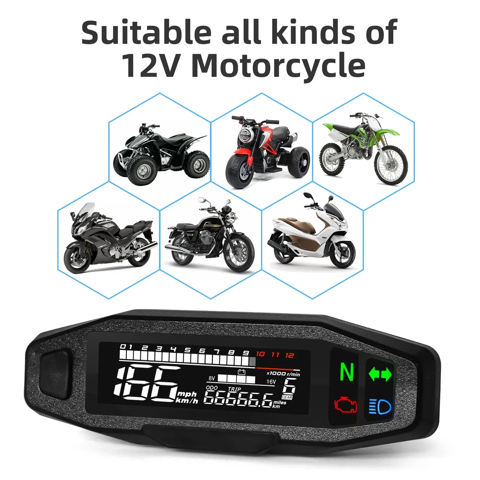 Motorcycle Speedometer Digital Dashboard 12000 RPM Tachometer Speedometer with ODO/TRIP & Turn Signal Indicator Universal LCD Panel