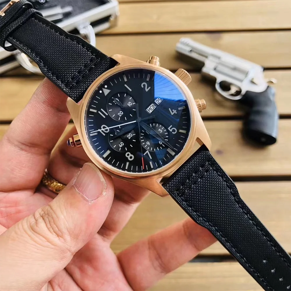 

mens mechanical watch Rose Gold automatic Brown Leather Blue pilots