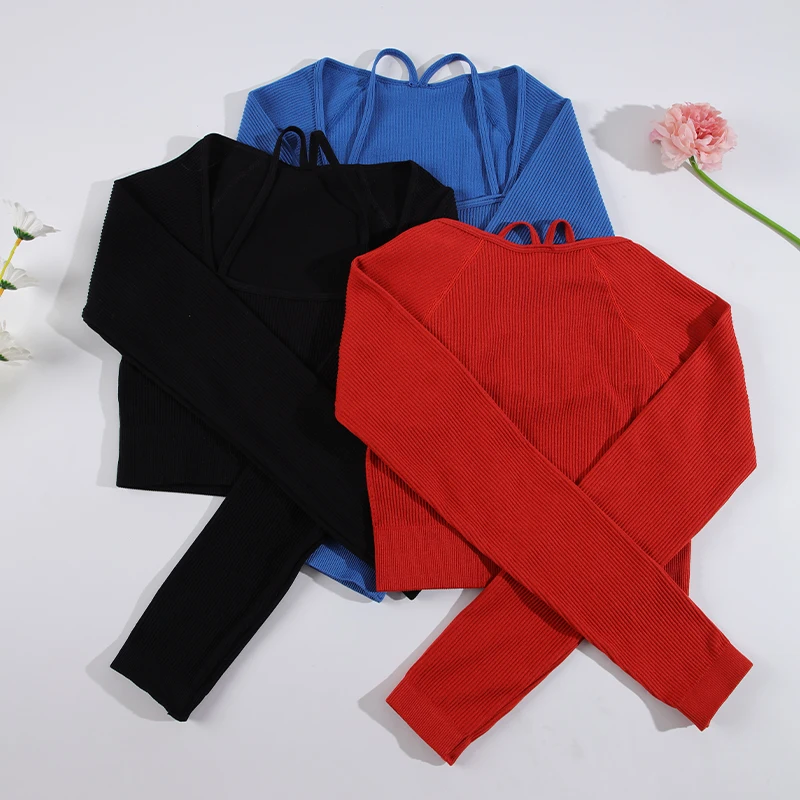 

CHRLEISURE Rib Yoga рубашка женская бесшовная спортивный короткий топ с длинным рукавом фитнес-футболка эластичная Тонкая блузка для бега верхняя одежда