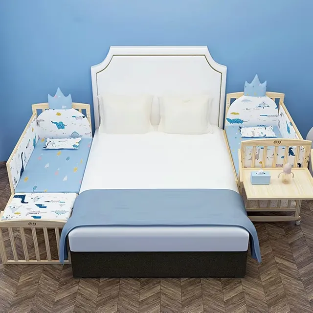 Solid Pine Wood Baby Crib Stitching Big Bed, Multifunctional Kid Cot Can Extend To 168cm Suit For Elder Children 4