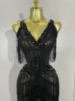 Sparkly Black Rhinestones Sequined Fringe jumpsuit Women Sexy Nightclub Party Birthday Outfit Show Singer Stage Perform Costume - Image 5