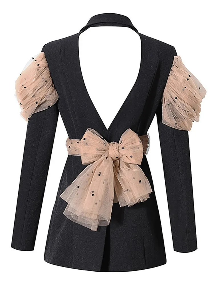 KBQ-Spliced Mesh Blazer for Women, Notched Collar,Long Sleeve,Backless,Crisscross Colorblock Blazers,Female Fashion Clothing,New