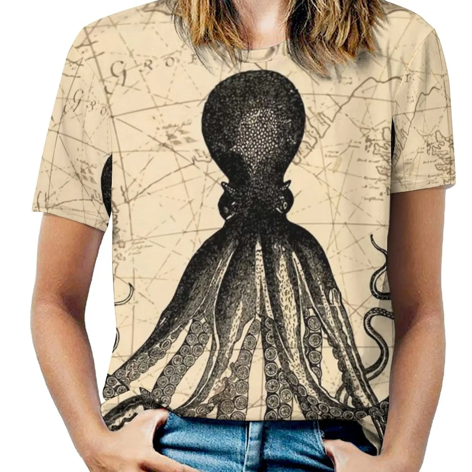 The Kraken Is All Fashion Print Women Ladies Girls T-Shirt Harajuku Round Neck Short Sleeve Tops & Tees Octopus Ocean Sea