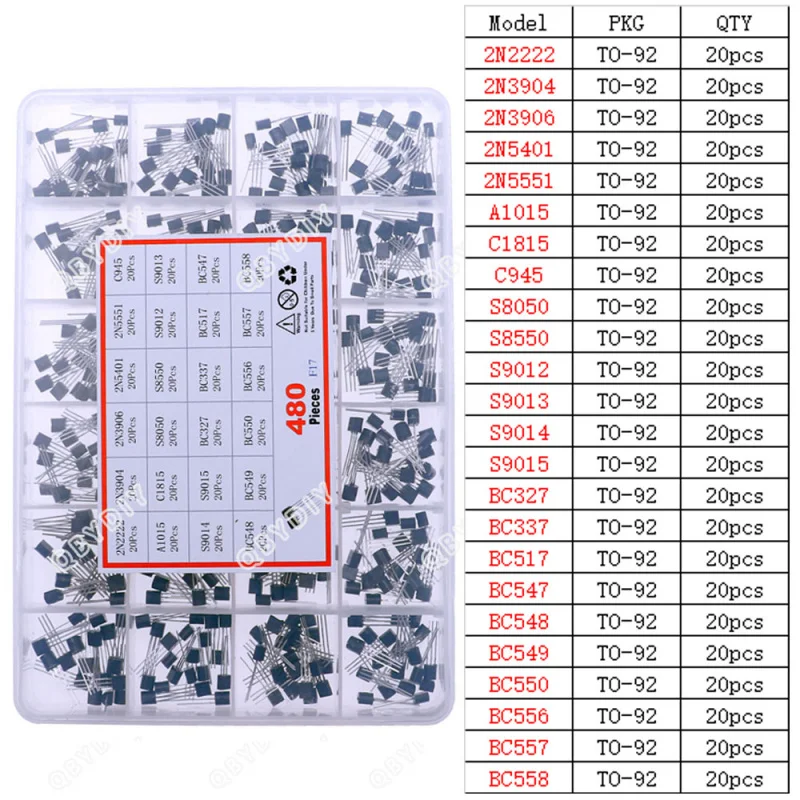 Bjt Transistor Transistors Kit 480Pcs 24Types Silicon In-line NPN PNP Transistor Assortment Kit set 2N2222 S8050 S9014 2N3906 BC547 BC548 BC549 BC550 BC558