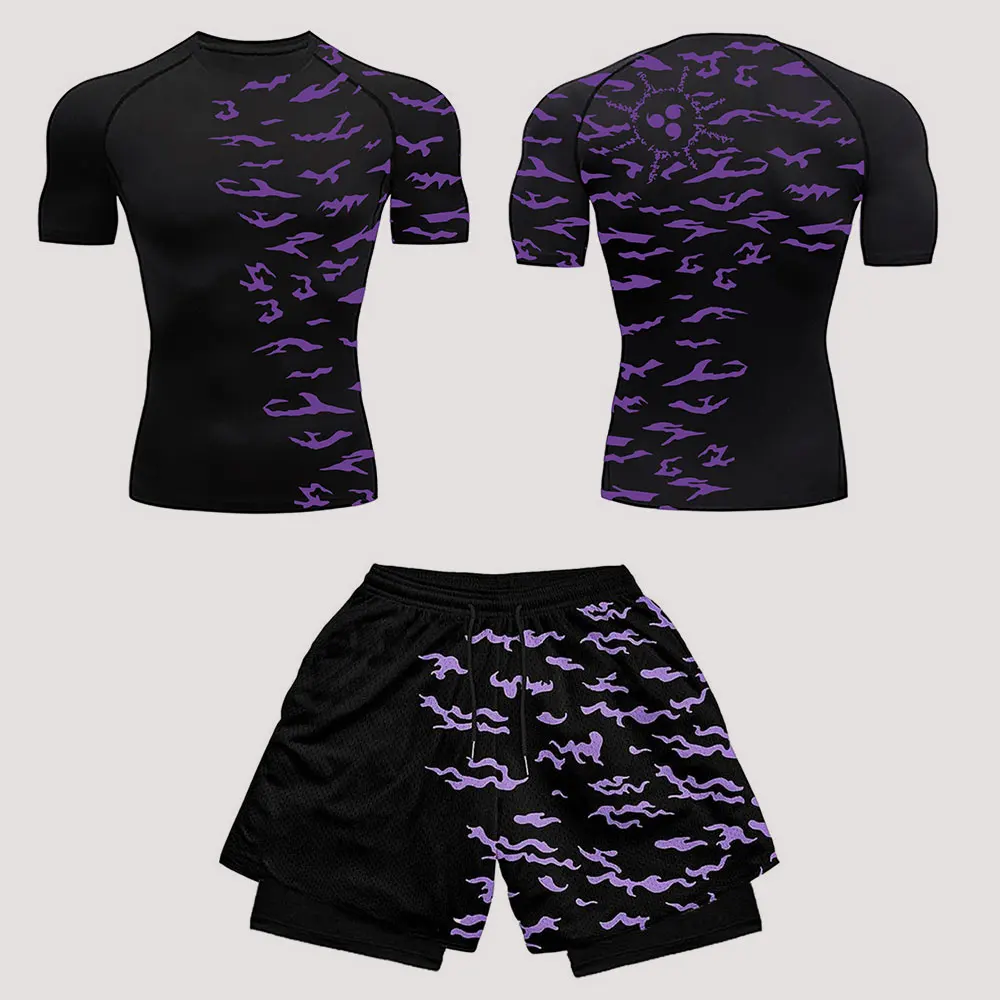 Anime Compression Set Running Fitness Suit for Men Quick Dry Compression Shirt + Gym Shorts 2PCS Summer Workout Sportwear sports suit