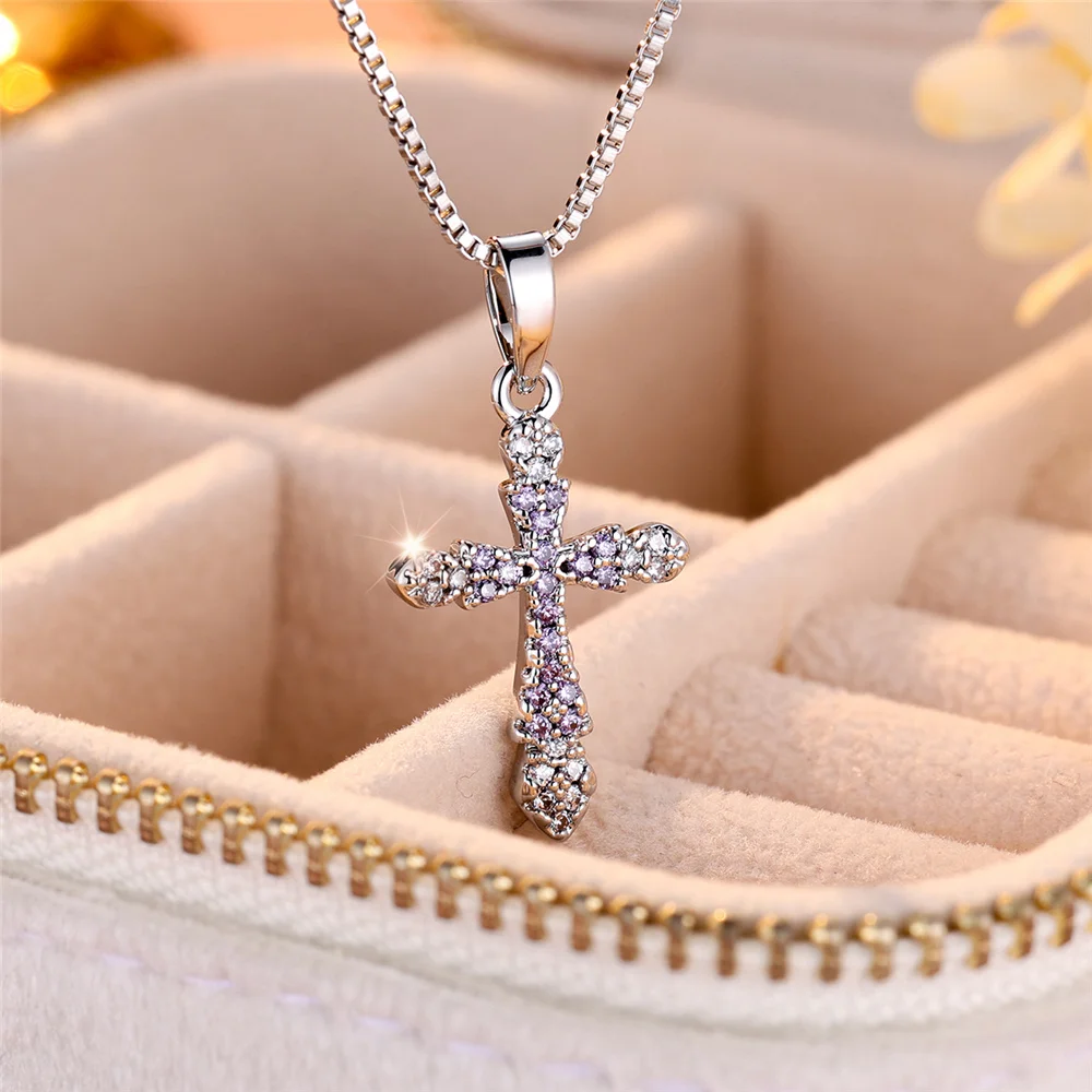 Luxury Female Cross Pendant Necklace Vintage Yellow Gold Color Wedding Jewelry For Women