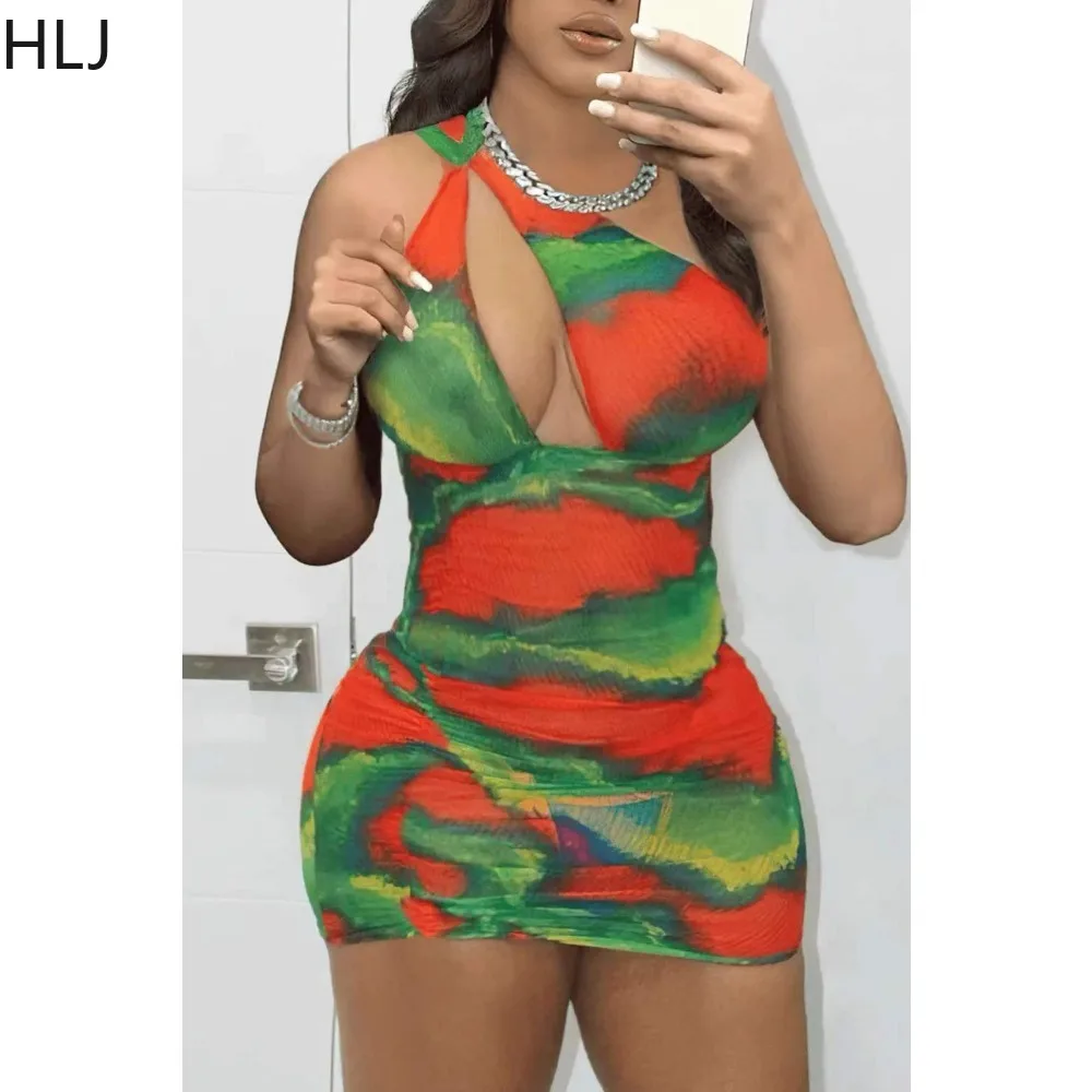 

HLJ Sexy Tie Dye Printing Hollow Out Bodycon Mini Dress Women One Shoulder Sleeveless Slim Vestidos Fashion Hot Girl Streetwear