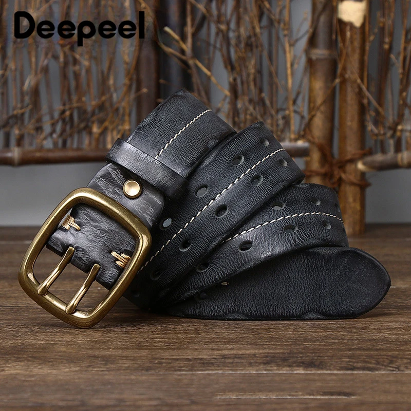 1Pc Deepeel 3.8*105-125cm Double Needle Buckle Belt Men's Genuine Leather Pure Cowhide Belts Luxury Thick Retro Jeans Waistband 3 8cm genuine leather belt made from top grain cowhide pure titanium slide buckle business casual fashionable belts 105 130cm